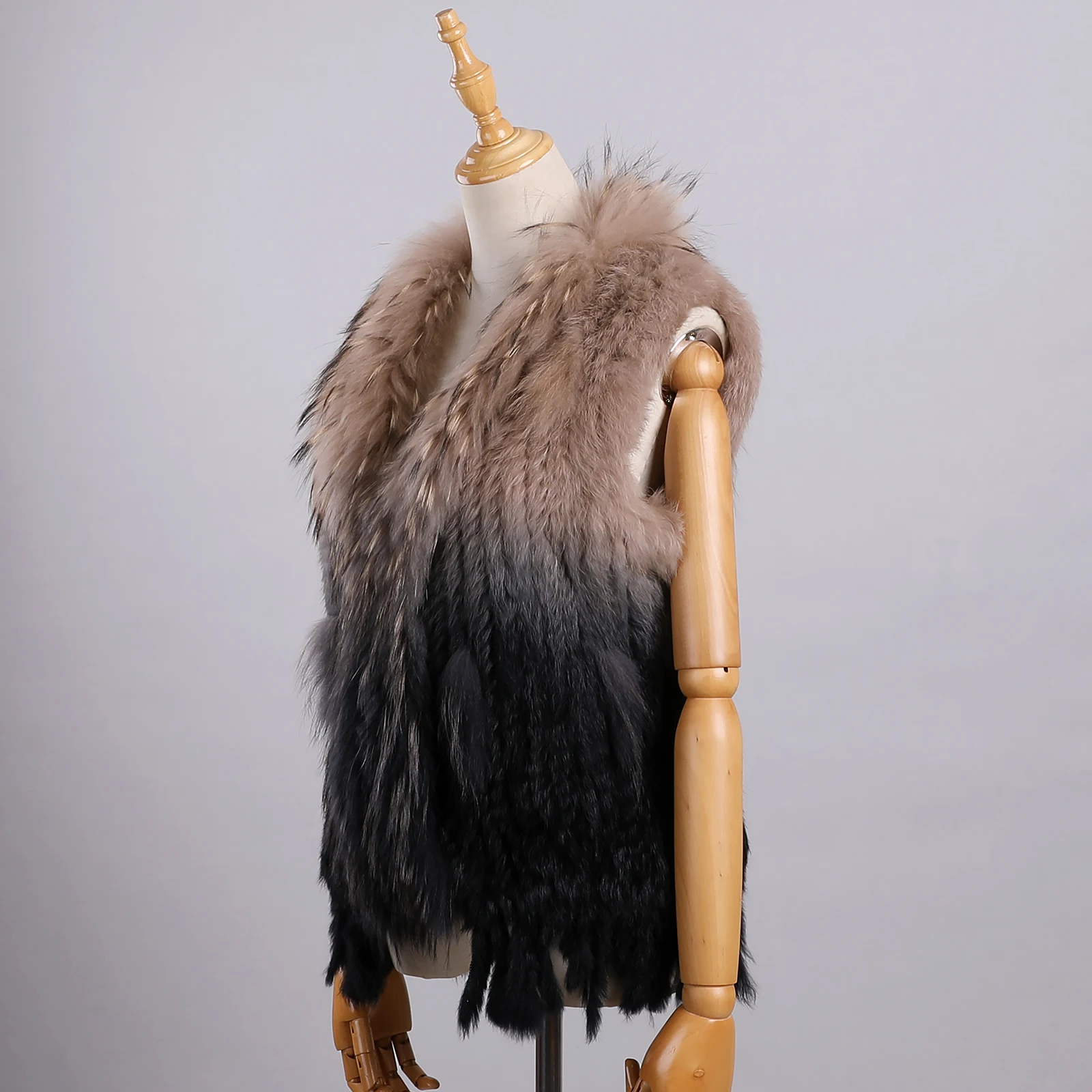Luxury Women's Genuine Premium Long Hair Rabbit Fur Knit Vest Raccoon Fur Trim Gilet Lady Sleeveless Waistcoat Real Fur Jacket 4