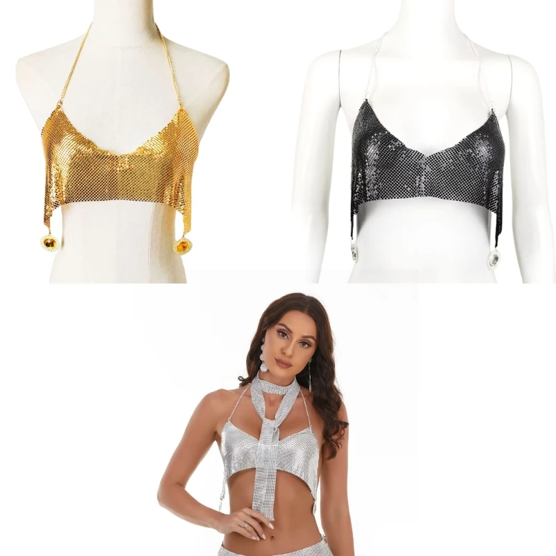 

Women's Sexy Chain Crop Top Halter Deep Neck Sequins Chain Tops Backless Top Raves Party Clubwear Gift