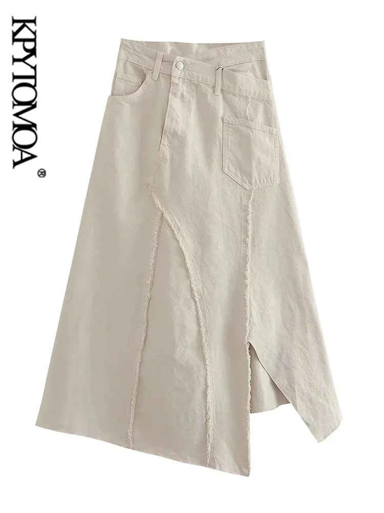

KPYTOMOA Women Fashion Front Slit Asymmetric Frayed Midi Skirt Vintage Mid Waist Zipper Fly Female Skirts Mujer