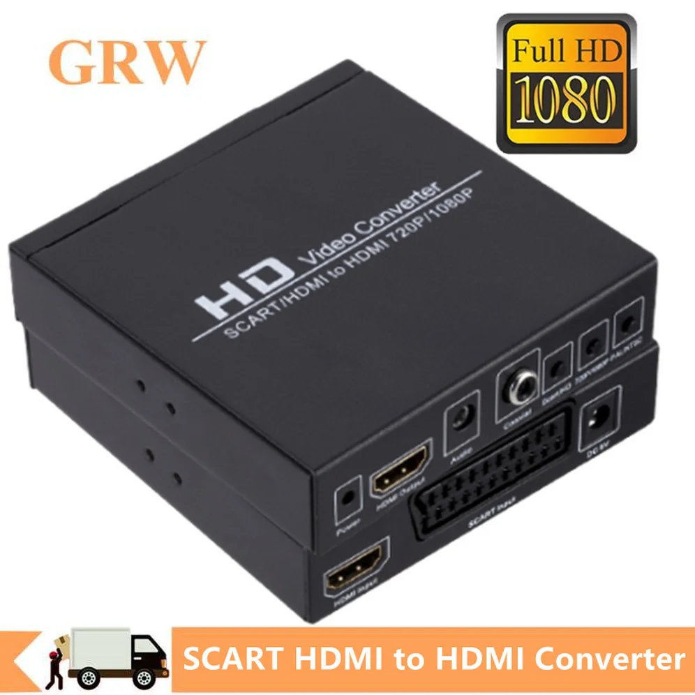 GRWIBEOU SCART lub HDMI-kompatybilny z konwerterem HD 1080P Adapter Audio wideo dla odtwarzacza DVD/dekodera HDTV