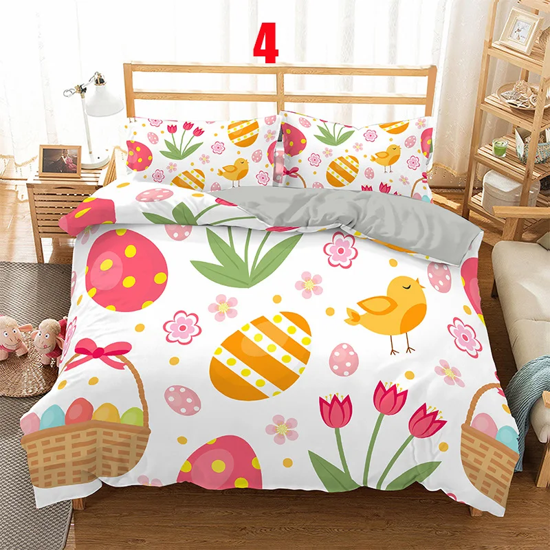 Soft Easter Eggs Bedding Set 3D Print Rabbit Cartoon Eggs Duvet Cover Polyester Pillowcase Greetings and Presents For Easter Day 