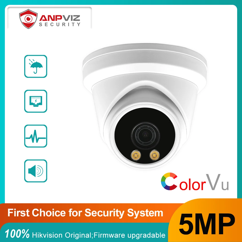 Anpviz 5MP ColorVu Turret IP POE Camera Security Protection Surveillance Full Color Night Vision 30m Camera With Audio IP66