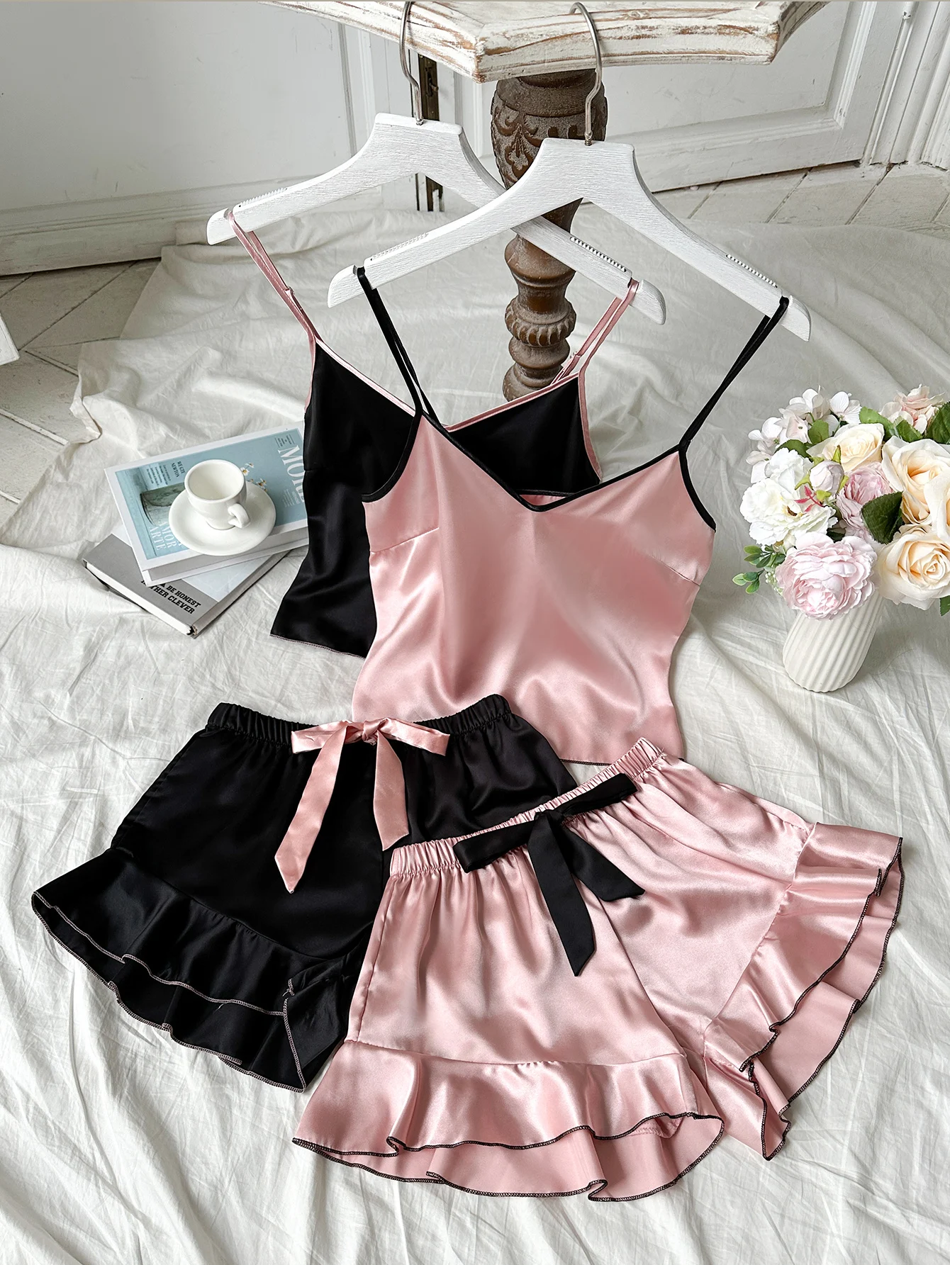 Umenlele Women's Satin Pajama Set - V-Neck Ruffle Short Sleeve Top & Shorts, Rose Color, Size X-Large - View #5