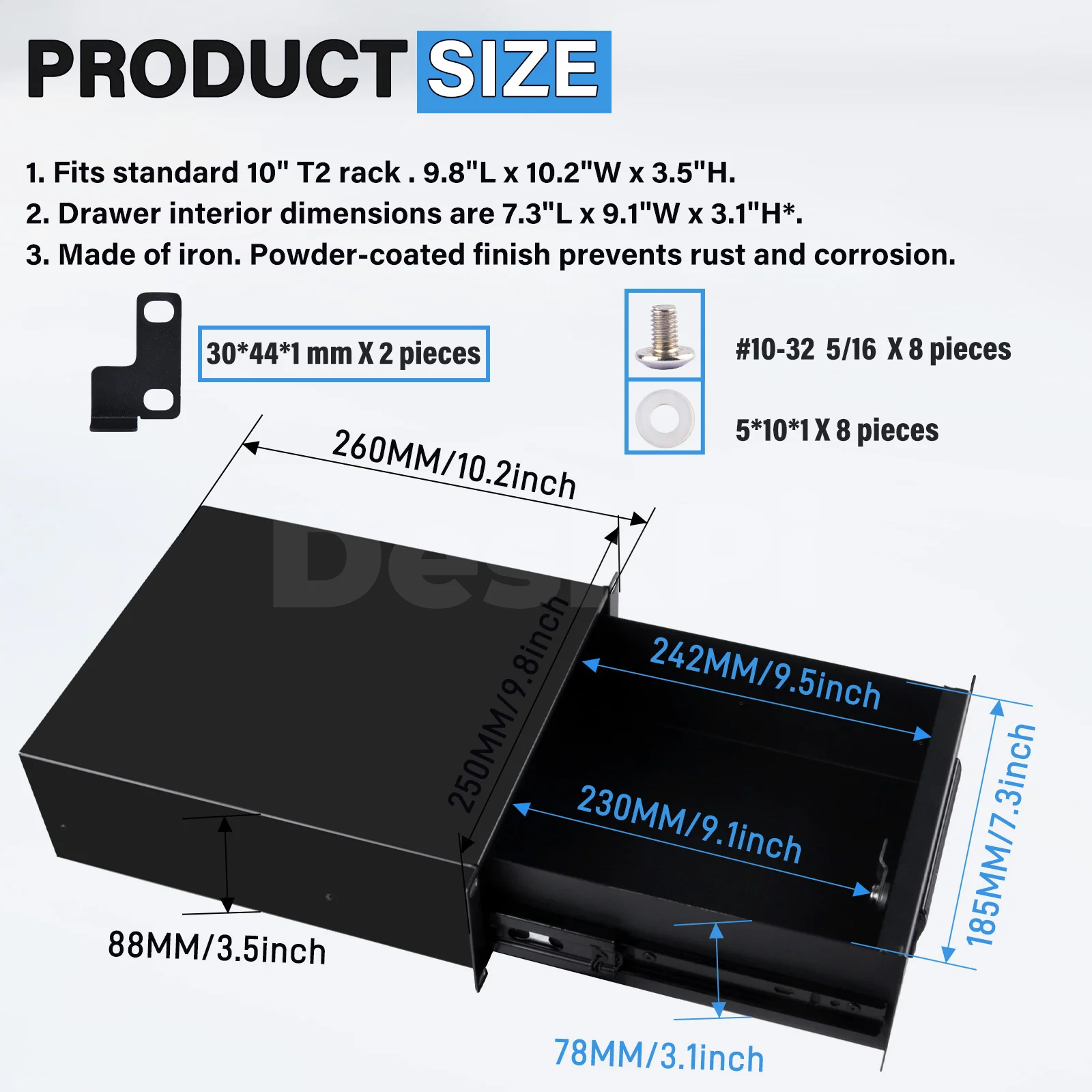 DeskPi RackMate 2U ラックマウント ロック可能な引き出し、10 インチ