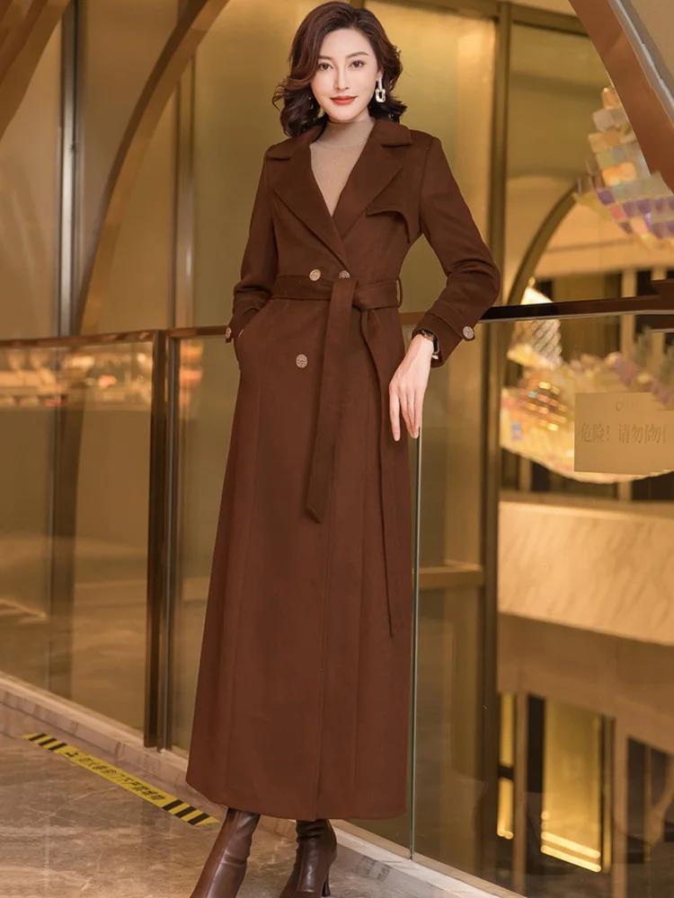 New Autumn Winter Black Wool Overcoat For Women Fashion Turn-down Collar Double Breasted Wool Blended Coat Elegant Long Coat