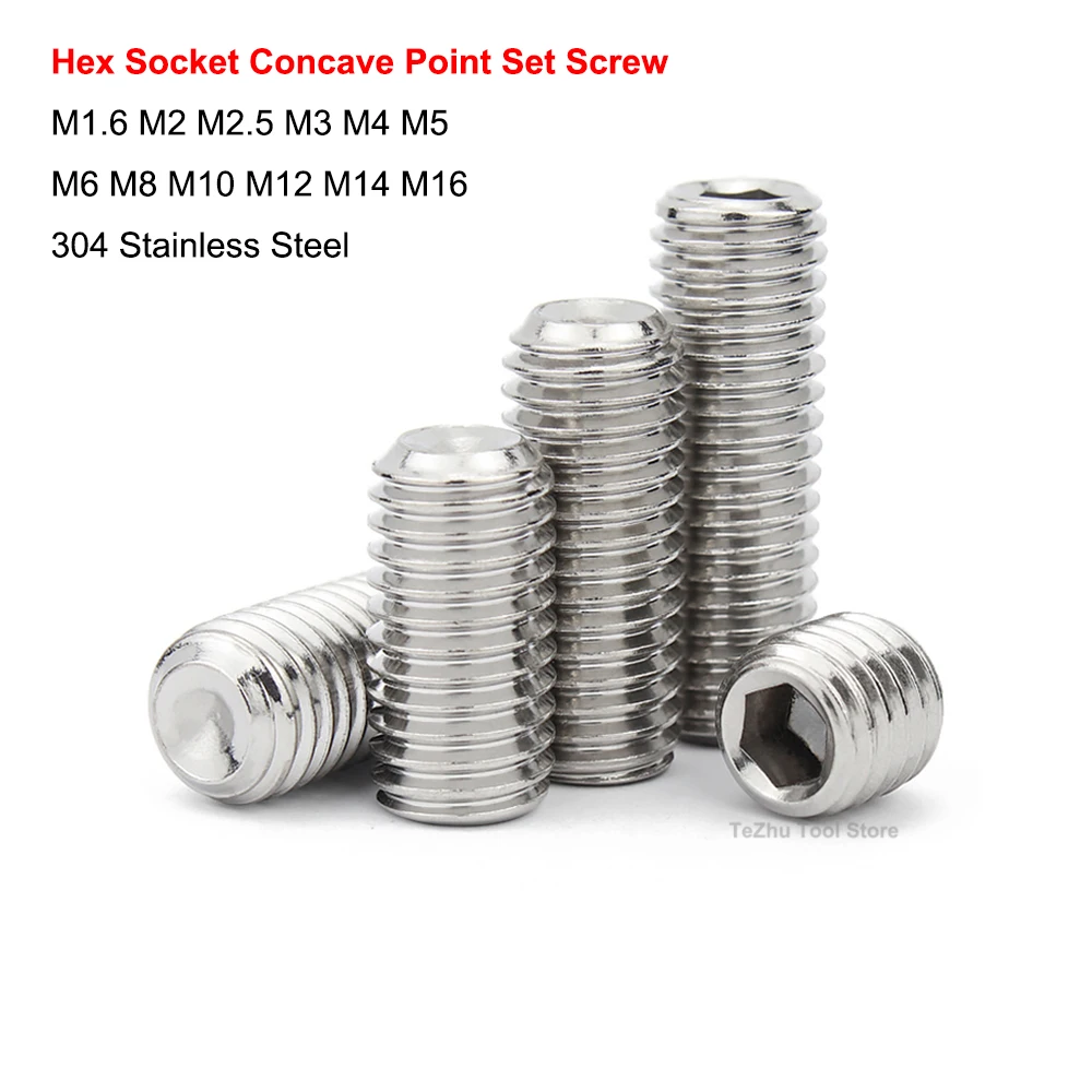 

M1.6 M2 M2.5 M3 M4 M5 M6 M8 M10-M16 304 Stainless Steel Hex Hexagon Socket Concave Point Grub Set Screw Allen Headless Screws