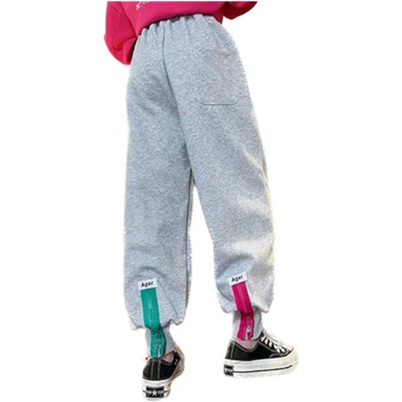 

Повседневные штаны для девочек-подростков, корейские штаны для бега, весна-осень 2023, детские спортивные штаны на молнии с высокой талией для девочек 4-14