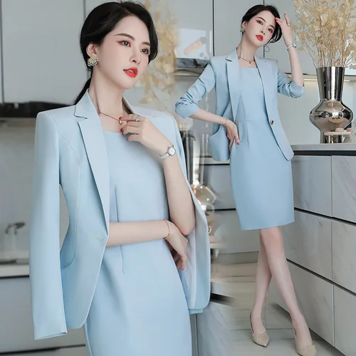 우아한 블레이저 드레스 정장 여성 비즈니스 작업 유니폼, 오피스 레이디 전문 투피스 세트, 여성 패션 2022 5