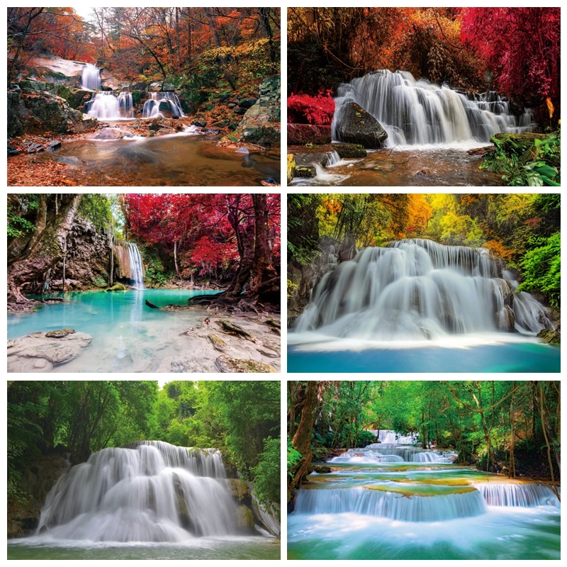 Pano de Fundo Cachoeira Montanha Água Primavera Paisagem Floresta Selva Fundo de Verão Photo Studio Props