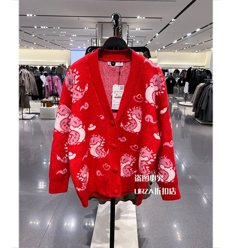 

Sweet Red Cardigans For Women Spring Full Sleeves Anime Jacquard Retro Casual Coat Jackets Sweater Jumper