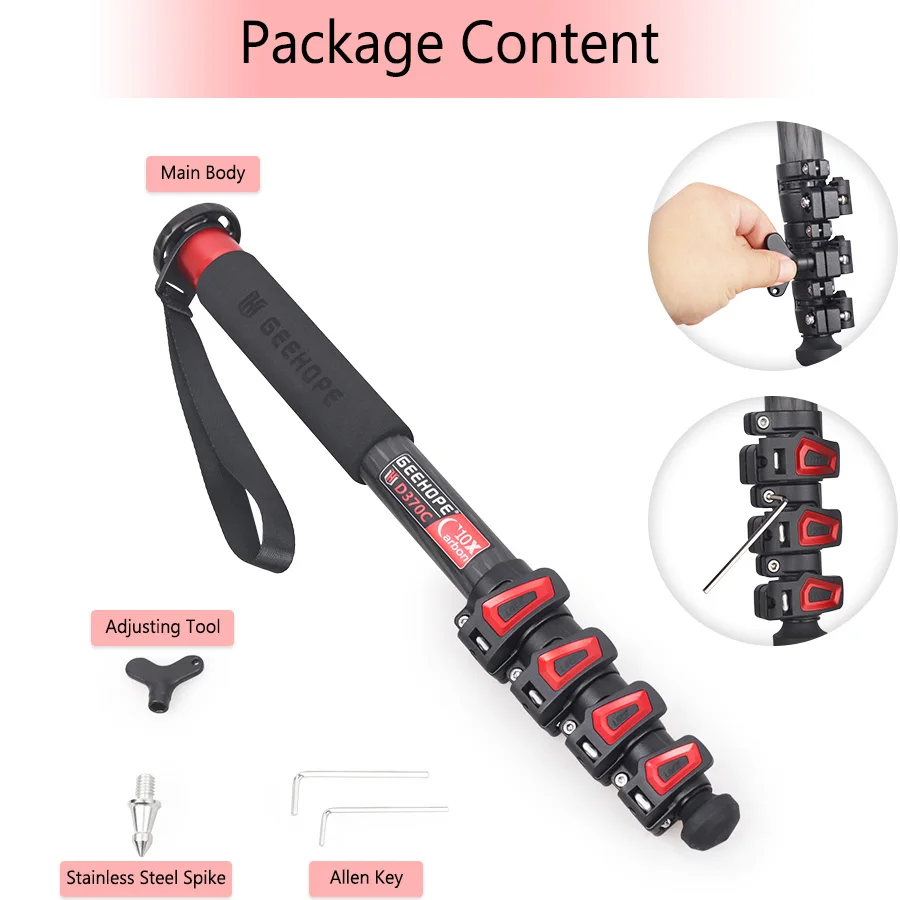 D260C/370C Professional Carbon Fiber Portable Travel Monopod Maxheight 160/169cm