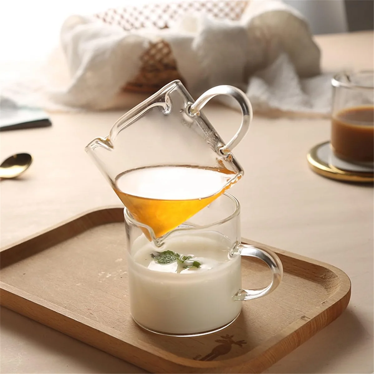 Espresso Cups Set of 2, 4 OZ Double Spouts Cups, Espresso Shot Glasses, Milk Cup with Handle, Clear Glass,