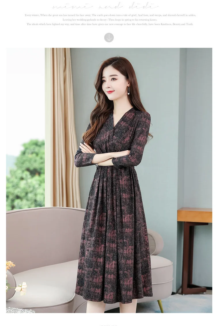 Women Print Long Sleeve V-Neck Sexy Midi Dress 2022 Korean Elegant Bodycon Casual Dress Spring Autumn Vintage Offfice Lady Dress