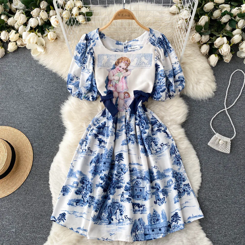 

Puff Sleeve Floral Dress Women Summer Landscape Oil Painting Retro Reduction Age A-line Fashion Mini Dresses For Women 2022