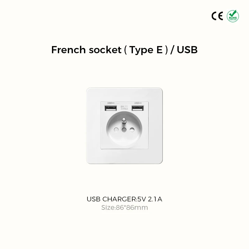 Avoir White Matte Wall Toggle Switch with European Standard Power Socket and Charging Port
