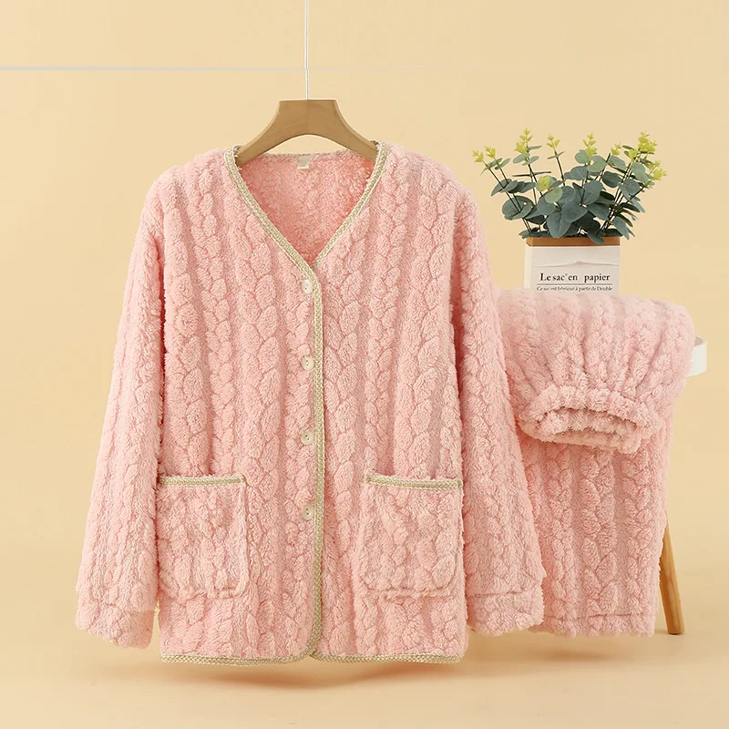

Pink V-Neck Flannel Pajamas Sets Winter Fleece Thick Long Sleeve Pants 2PCS Cardigan Long Sleeve Loose Casual Home Sleepwear