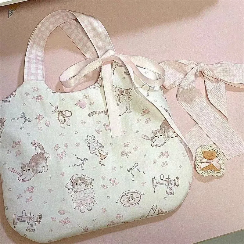 JIAERDI Fairy Core Floral Cat Print Shoulder Bags Y2k Women Harajuku Bow Canvas Bag Female Underarm Bag Purse Bolsos De Mujer