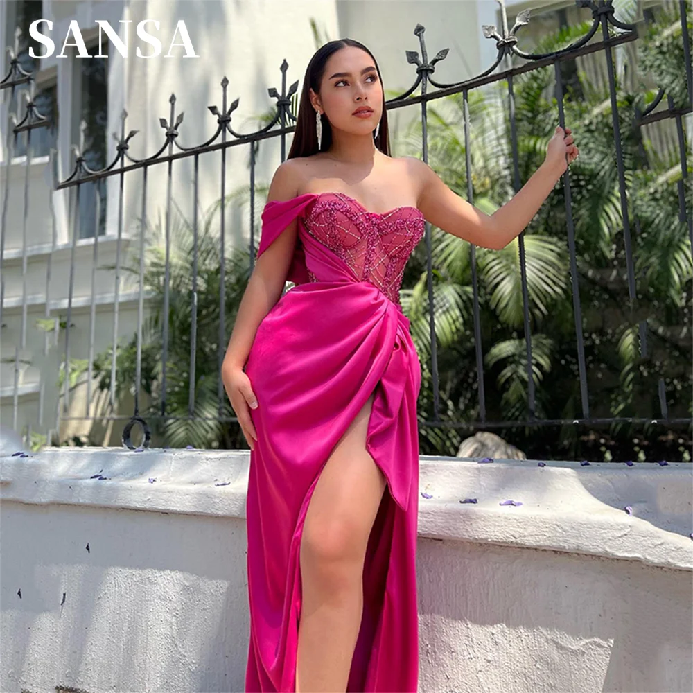 

Sansa Sexy Off Shoulder Prom Dress Fuchsia Sequins Mermaid Vestidos De Noche Shiny Satin فساتين سهره فاخره Side Split 2023