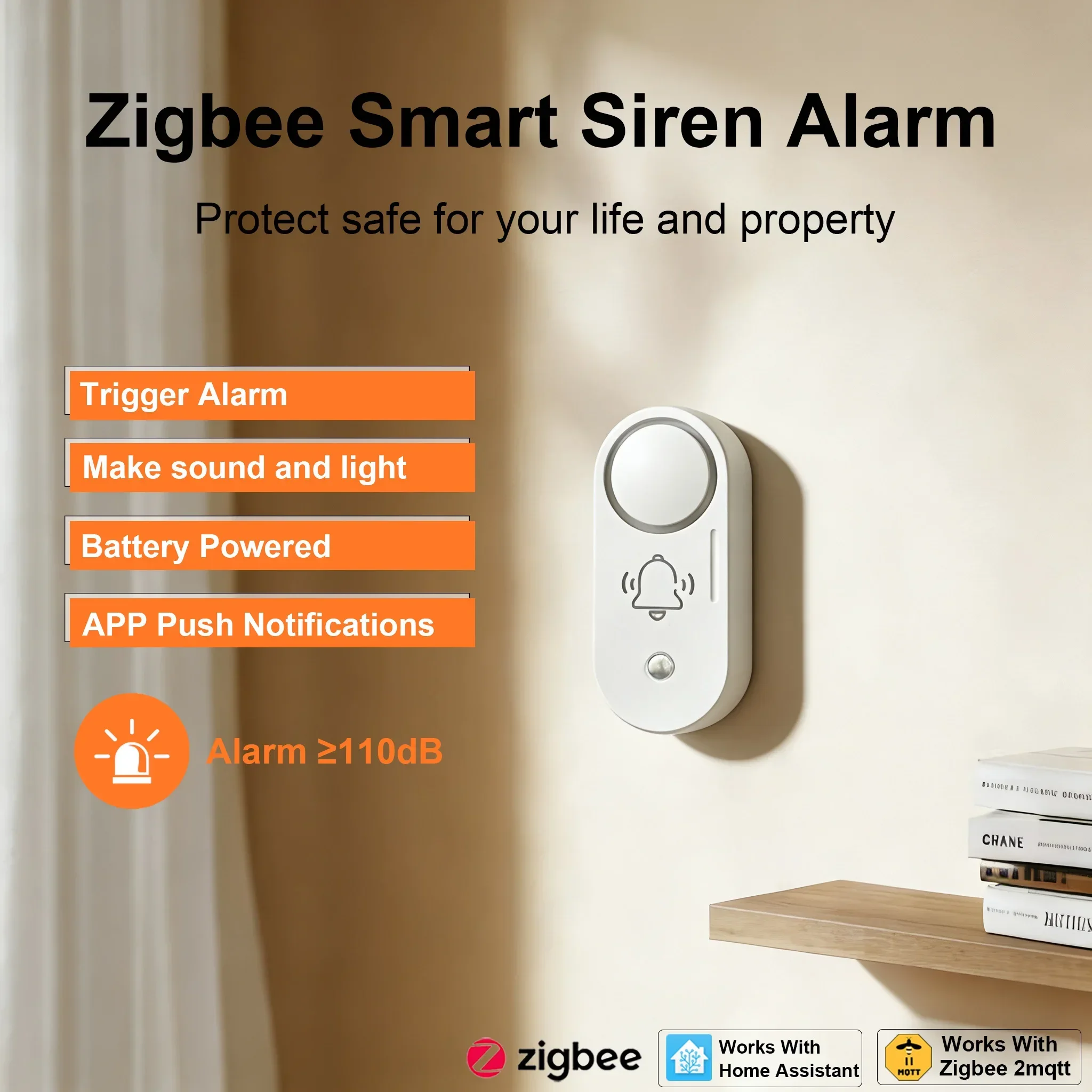 Wireless Zigbee Siren and Vibration Sensor - 110dB Battery Operated Home Security Alarm System