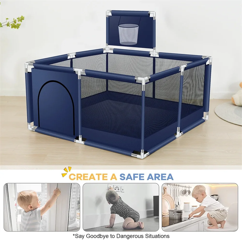Large Square Baby Playpen (50x50 Inch) with Basketball Hoop,