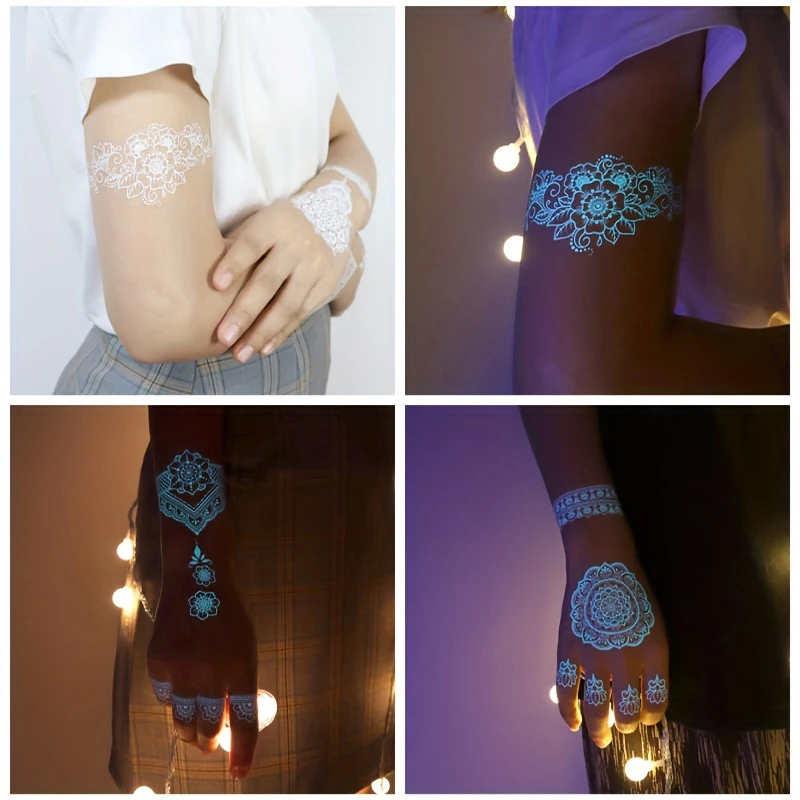Blue Luminous Henna Tattoo Sticker Girls Tribal White Lace Lotus Tattoos Mandala Flower Fake Jewelry Pendant Temporary Tattoo 5