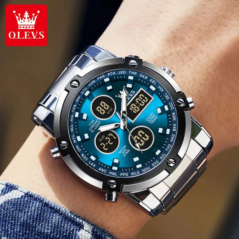 OLEVS Watch for Men Analog Digital Chronograph Big Dial Stainless Steel Waterproof Luminous Fashion Male Wristwatch reloj de