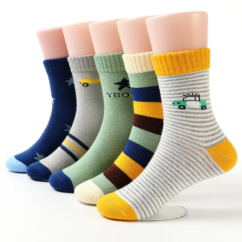 Striped cotton cartoon car children socks 5 pairs / lot 2-10 year kids socks baby boys girls kids socks