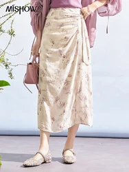 MISHOW High-Waist A-Line Skirt 2024 Spring Floral Folding Tie Up Slim Female Sweet Chic Hem Side Slit Midi Skirts MXD12B0208