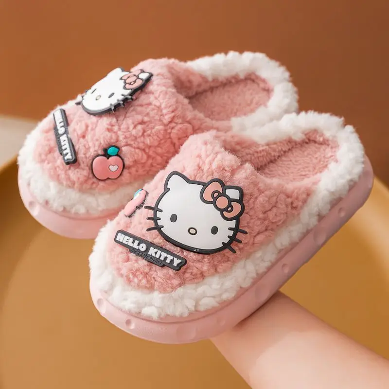 

Детские хлопковые тапочки Sanrio, Hello Kitty, новинка 2023, домашние Нескользящие износостойкие теплые слипоны на флисовой подкладке, зима