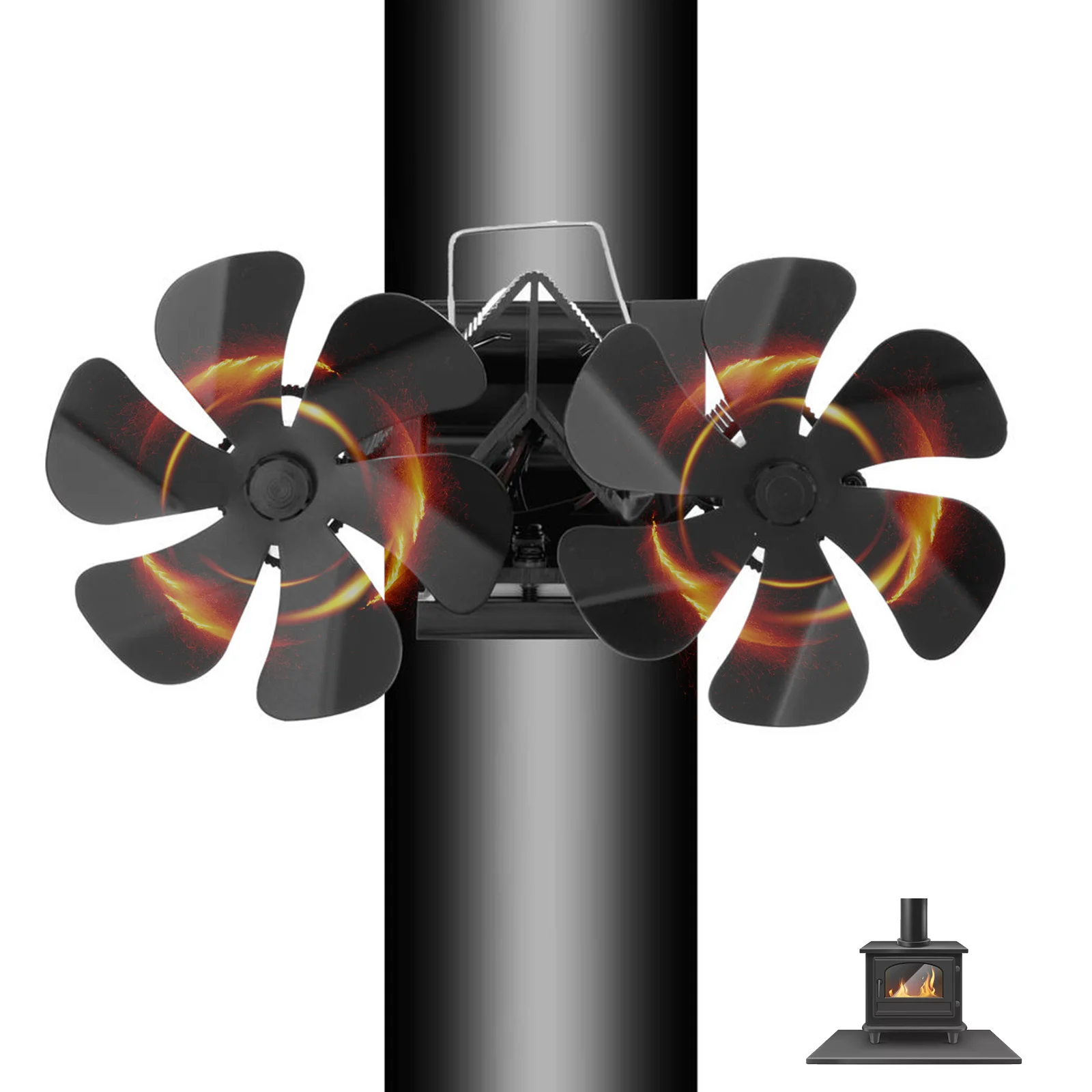 

Fireplace Fan Energy Saving Double Head 12 Blade Furnace Fan Wall Mounted Unpowered Operation Aluminum Stoves Supplies