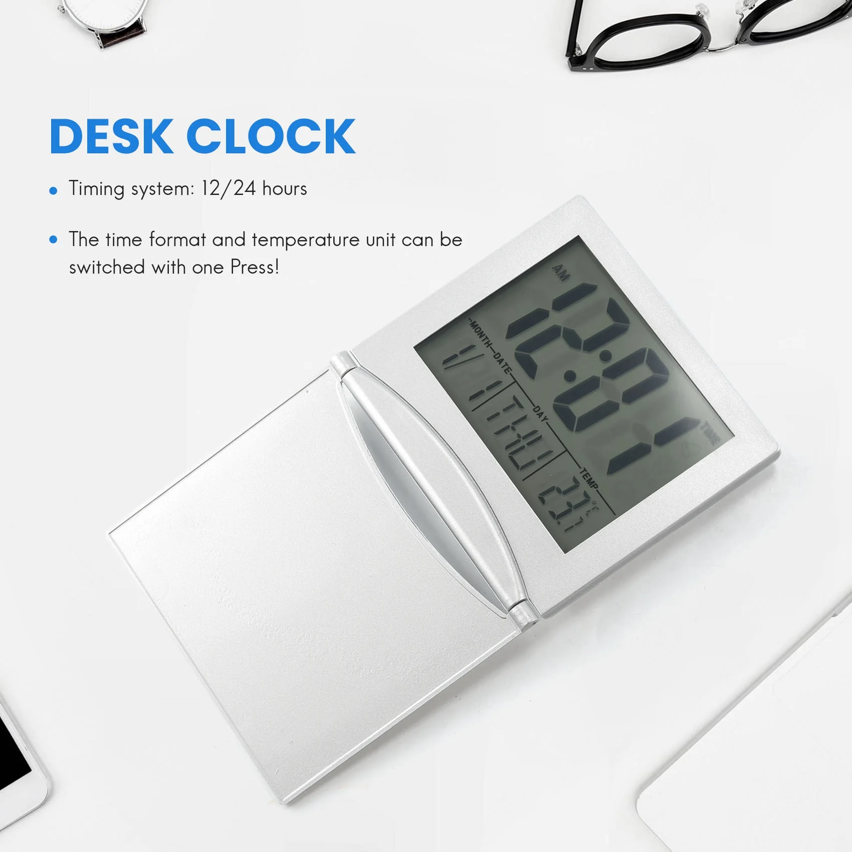 Mini relógio despertador de viagem, digital display lcd mesa dobrável relógios com snooze backlight temperatura data temporizador 12/24hr