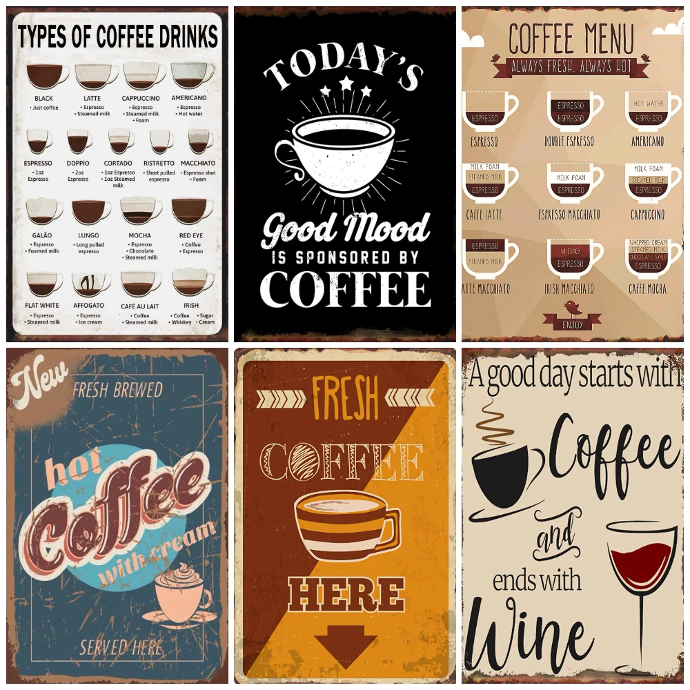 ヴィンテージの金属製のブリキの看板,コーヒーのメニュー,レトロな