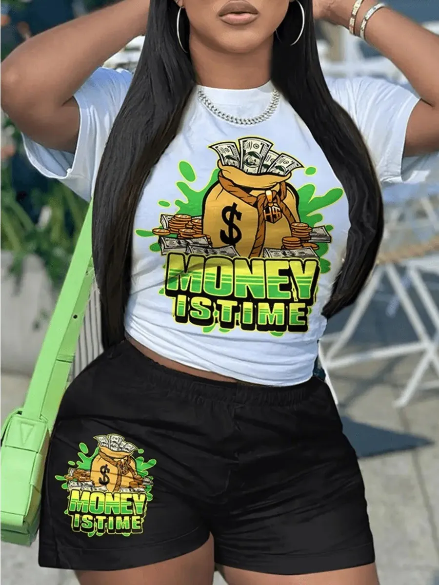 LW Money Is Time Letter Print Cartoon Print Shorts Set Short Sleeve O Neck White Top&Stretchy Stylish Shorts Women Two Pieces hp8815 short ddelivery time 150v 240a 1800w programmable dc electronic load
