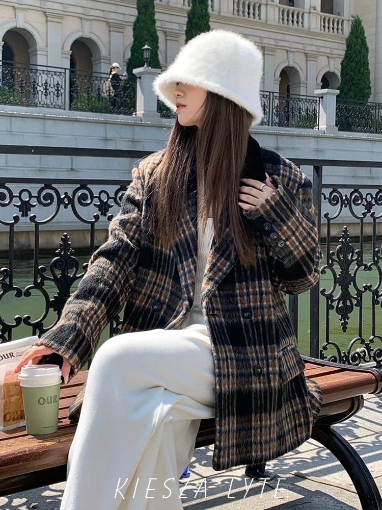 

Women wool Blazers Coats Brown Plaid New 2023 Autumn Winter Vintage Patchwork Tweed Corduroy Checkered Wild Lady jacket Outwear