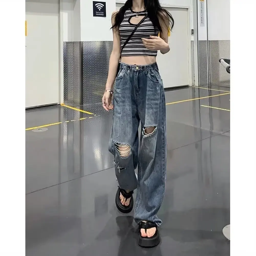 

American high street ripped jeans women's autumn high waist slim loose casual straight leg mopping pants ins