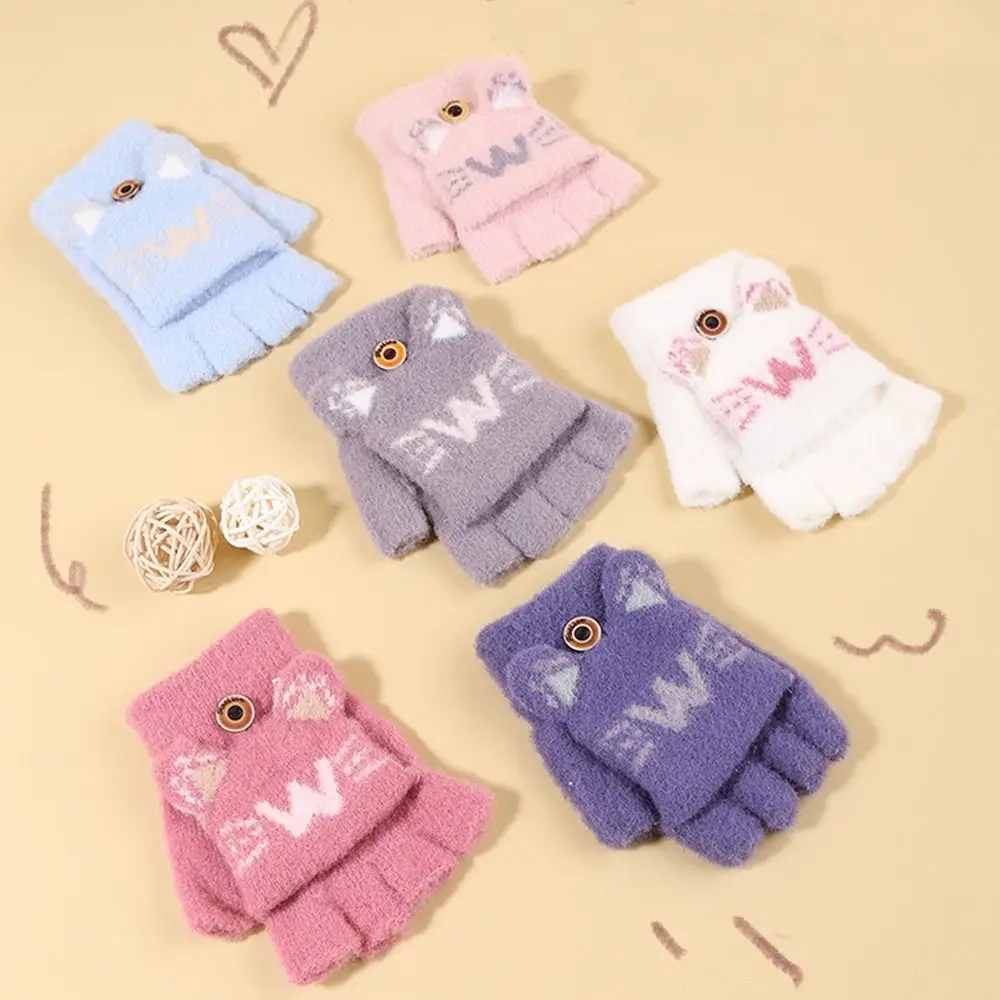 

Winter Warm Gloves Comfortable Cute Thickened Half Finger Flip Glove Knitted Gloves Children