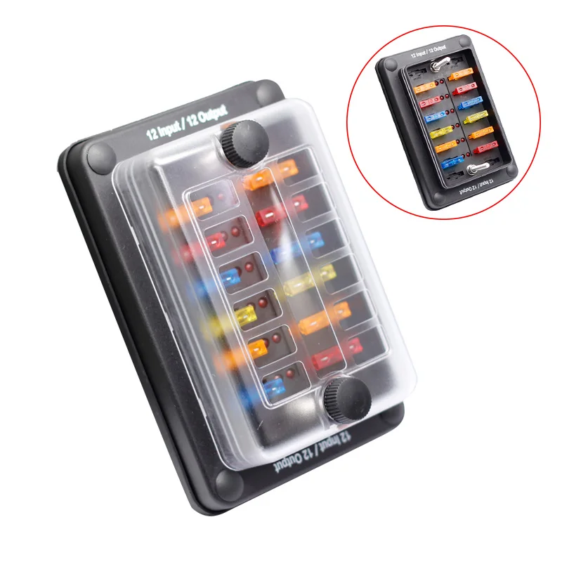 

12 Way Blade Fuse Box 1 Input/12 Output 12 Circuit Fuse Block Holder with LED Indicator Waterproof Protection Cover