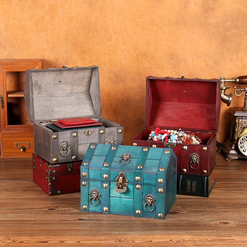 

European wooden jewelry box Vintage Wood box with lock storage box rectangle Desktop box antique organize