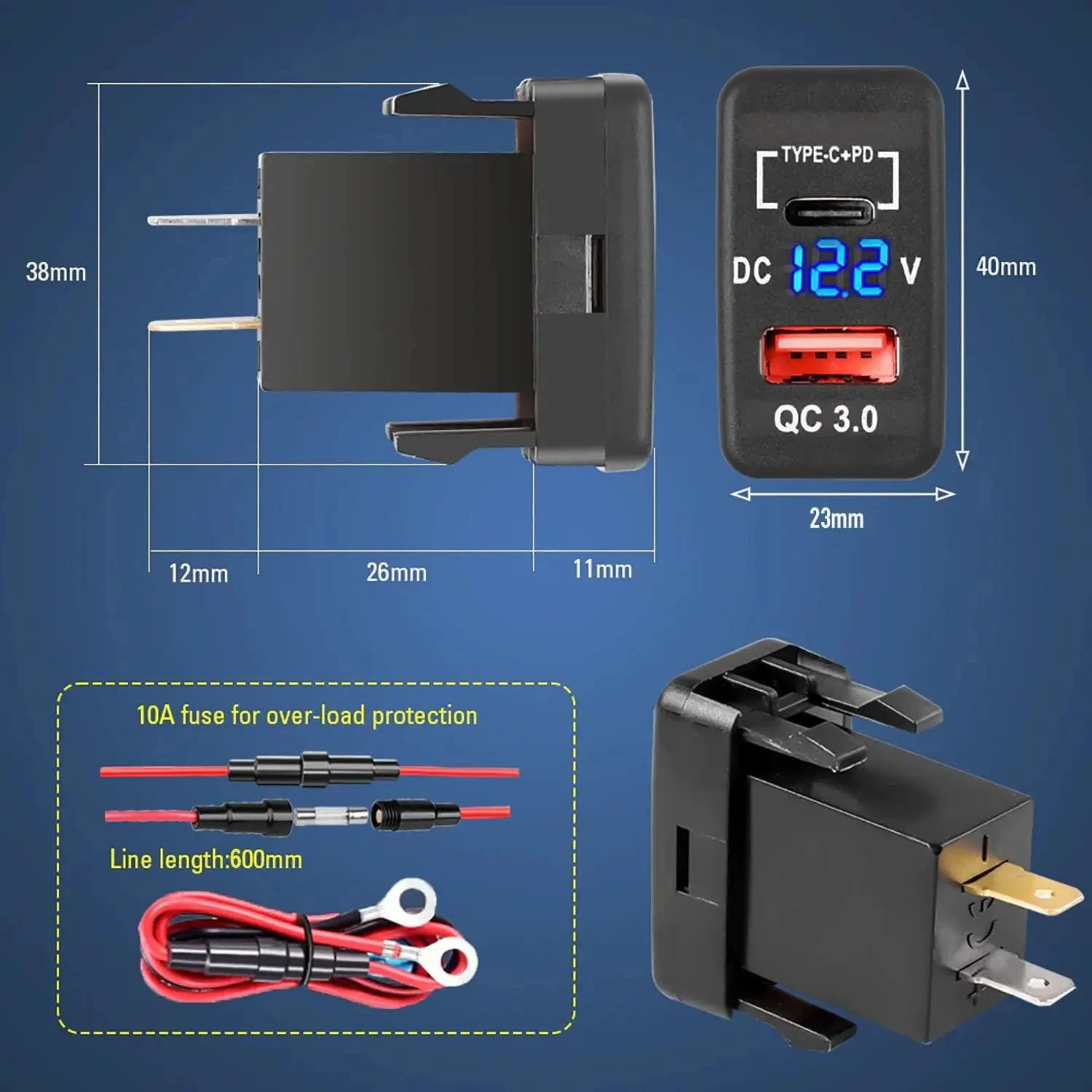 Car Charger USB Car Charger Socket Quick Charge 3.0 & PD USB C Port Power Outlet Adapter for 12V/24V Toyota Vehicles