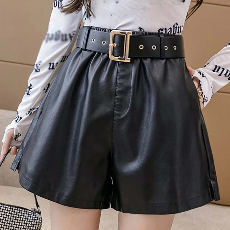 With Belt PU Leather Shorts Women 2021 Fall Winter Elegant Wide Leg High Waist Shorts Feminino Fashion Faux Leather Short Femme khaki shorts