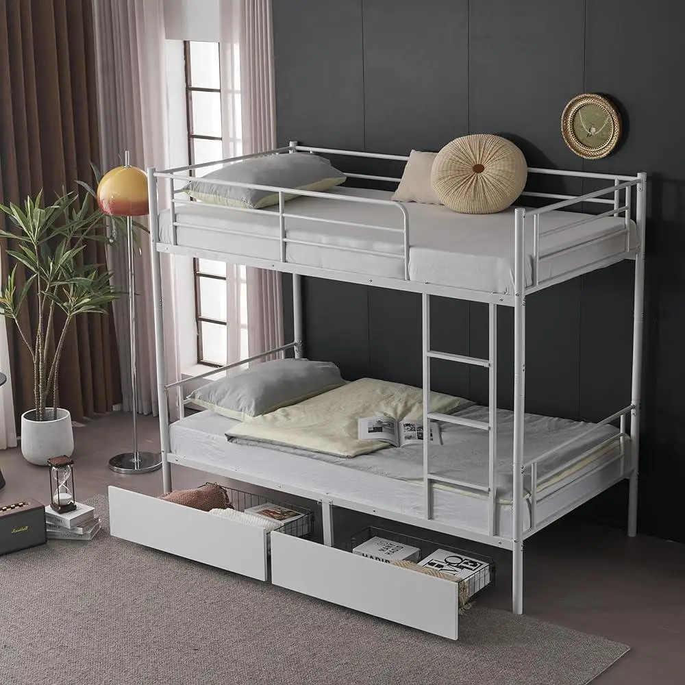 White Metal Bunk Bed Twin Over Twin with Storage Drawers Built-in Ladder Safety Guardrail Space Saving Solution Kids Room 5