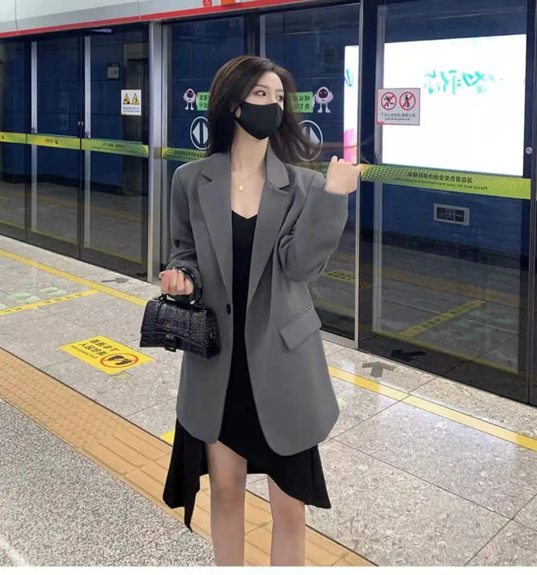 Gray Blazers Women Streetwear All-match Loose Spring Korean