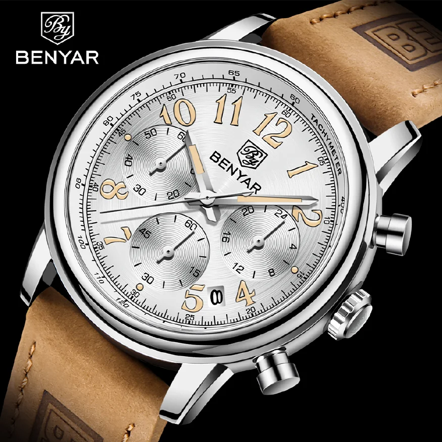 

BENYAR Top Brand 42MM Fashio Military Watches Leather Men Quartz Wristwatch 50ATM Waterproof Sports Watch for Men reloj hombre