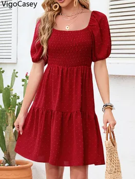 VigoCasey 2025 Summer Female Solid Clud Dress Women Sexy Puff Short Sleeve Mini Dress Lady Casual Square Collar Dresses