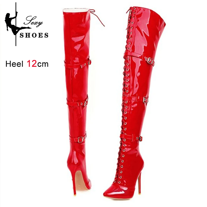 Big Size 46 Over-the-Knee Thigh High Women's Boots Pointed Toe Patent Leather Belt Buckle Plus Flock Thin High Heels Woman Shoes