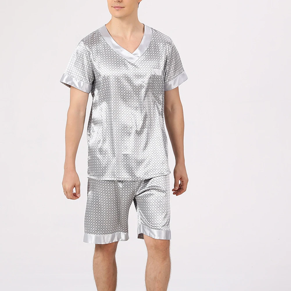 

Casual Silk Satin Pajamas Set Geometry Print Silver Gray V Neck Shorts Sleeve Tops T Shirt +Shorts Sleepwear Sets For Men