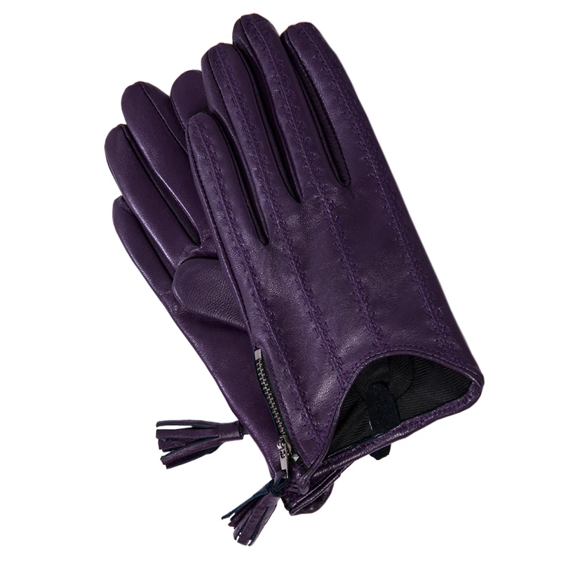 Touch Screen Gloves Genuine Leather Pure Imported Goatskin Tassel Zipper Short Style Dark Purple Female Touch Function WZP16