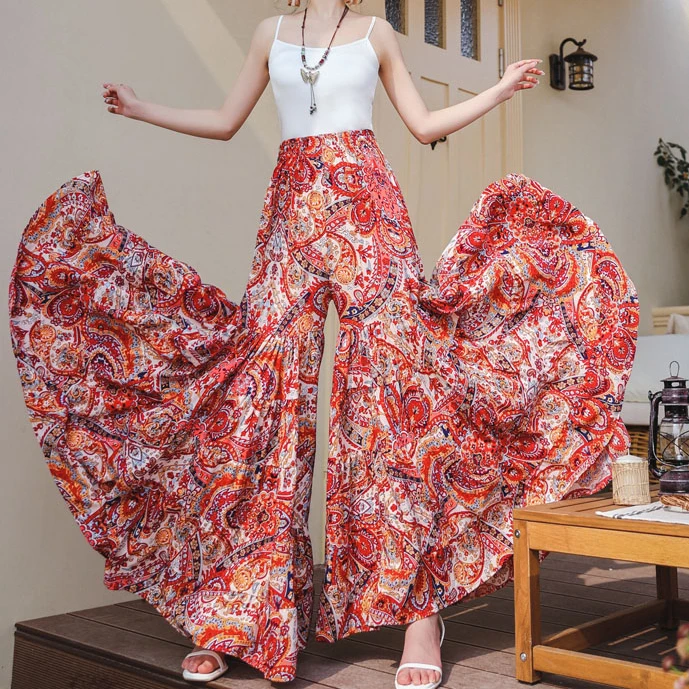 

Женские широкие брюки TEELYNN Boho с цветочным принтом, повседневные брюки-кюлоты с высокой талией, свободные хлопковые брюки макси из вискозы