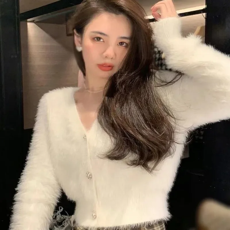 

Mohair Cardigan for Women, Lantern Sleeves, Mink V-neck Coat