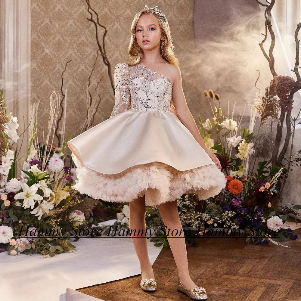 

Champagne Flower Girl Dress One Shoulder Long Sleeves Beading Sequin Satin Ruffles Tulle Puffy Birthday Party Gown Christmas